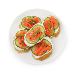 Tasty canapes with salmon, cucumber and cream cheese isolated on white, top view