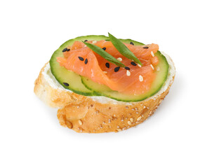 Tasty canape with salmon, cucumber and cream cheese isolated on white