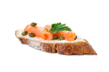 Tasty canape with salmon, capers and cream cheese isolated on white