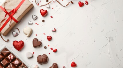 valentine's day chocolates and candies on a flat light surface with clear writing space 
