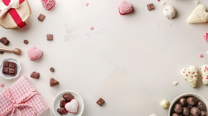 valentine's day chocolates and candies on a flat light surface with clear writing space 
