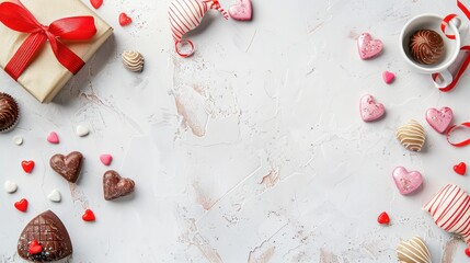 valentine's day chocolates and candies on a flat light surface with clear writing space 
