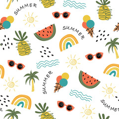 Doodle summer seamless pattern. Ice cream, sunglasses, palm, pineapple, watermelon, sun and rainbow on the white background.