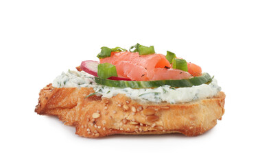 Tasty canape with salmon, cucumber, radish and cream cheese isolated on white