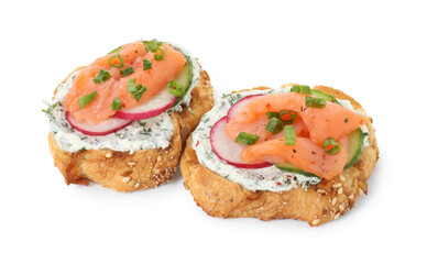 Tasty canapes with salmon, cucumber, radish and cream cheese isolated on white