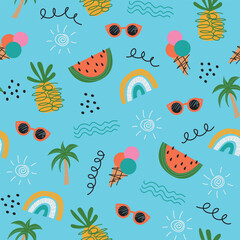 Summer seamless pattern. Ice cream, sunglasses, palm, pineapple, and rainbow on the blue background.