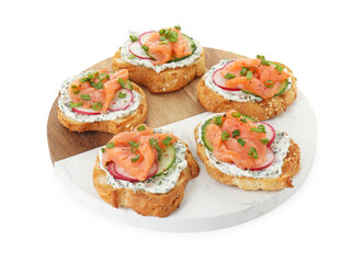 Tasty canapes with salmon, cucumber, radish and cream cheese isolated on white