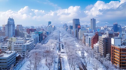 Sapporo skyline, Japan, urban scene with snow