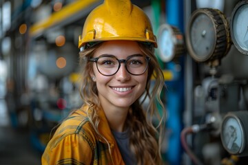 Una mujer joven con lentes usando un casco amarillo sonriendo feliz en una fabrica. Mujer ingeniera  ejerciciendo su profesion.