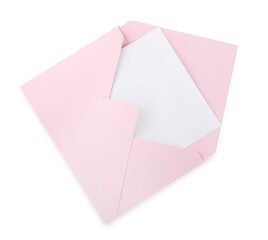Pink letter envelope with card isolated on white, top view