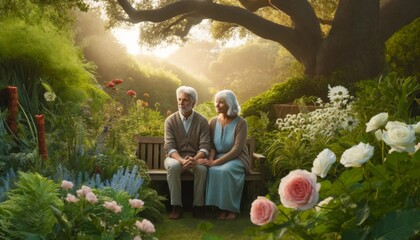 An elderly couple sits contentedly on a bench in a blooming garden during the golden hour.