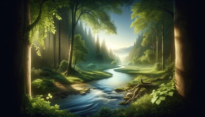 A serene enchanted forest with a gentle stream and sunlight filtering through lush greenery.