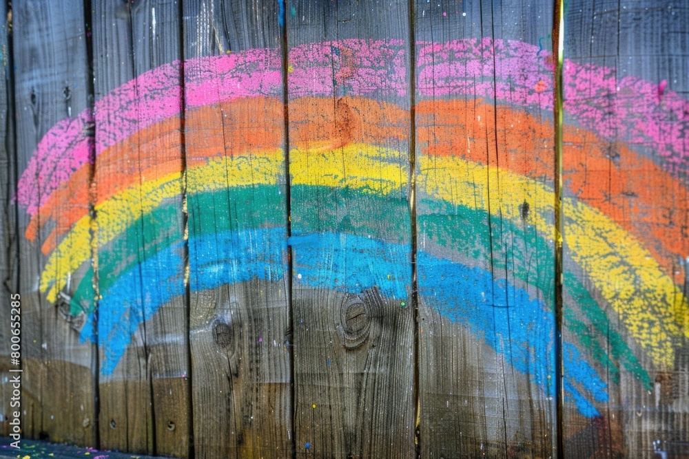 Aufkleber a colorful rainbow painted on a wooden fence. perfect for adding a touch of whimsy to any project