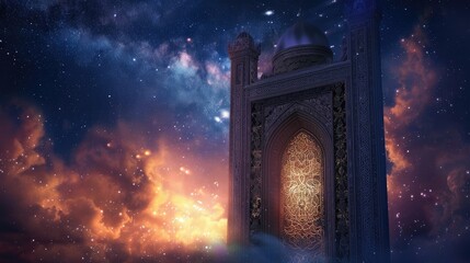 Islamic Ramadan greetings with ornamental door and galaxy sky background