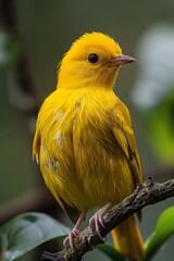 Obraz premium A yellow bird perched on a branch of a tree, AI
