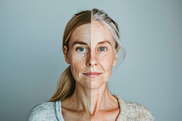 Split screen skincare analysis shows the benefits of natural aging care and skin restoration treatments that ensure evenness and health.