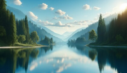 Calm mountain lake reflecting the sky and surrounding forest during a beautiful sunrise.
