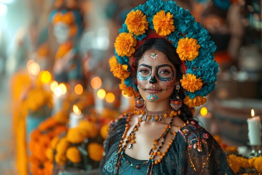 Maquillaje  de catrina para el dia de muertos.  Mujer con pintura decorativa la cara, en la cabeza un tocado  verde con flores amarillas, al fondo velas y flores de cempas&uacute;chil.