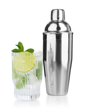 Metal cocktail shaker and delicious mojito isolated on white