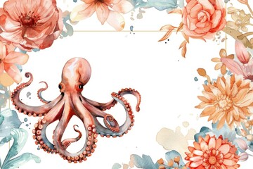 An octopus surrounded by colorful flowers. Suitable for nature and underwater themes