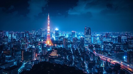 Tokyo skyline at night, illuminated skyscrapers