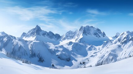 Fototapeta na wymiar Panoramic view of snowy mountains and blue sky with clouds.