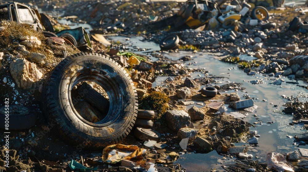 Poster a tire sitting on top of a pile of trash. suitable for environmental or waste management concepts.