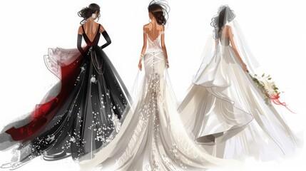 Elegant Bridal Fashion Illustration With Three Dresses