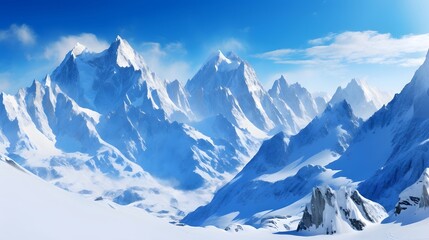 Fototapeta na wymiar Winter mountains panorama with snow and clear blue sky, 3d render