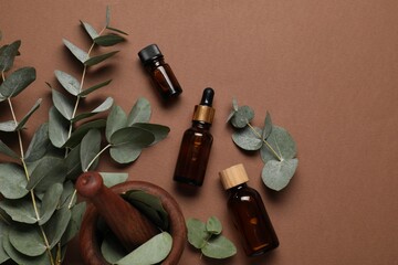 Aromatherapy. Bottles of essential oil, mortar and eucalyptus branches on brown background, flat lay
