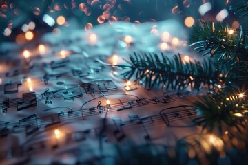 Close up of a Christmas tree decorated with music notes. Perfect for holiday-themed designs