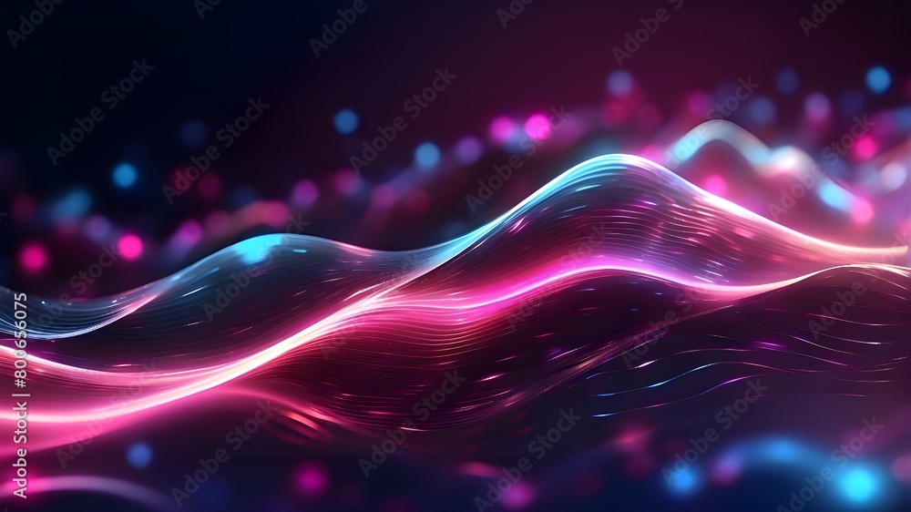 Poster abstract futuristic background with bokeh lights and pink-blue luminous neon wave lines moving at a 