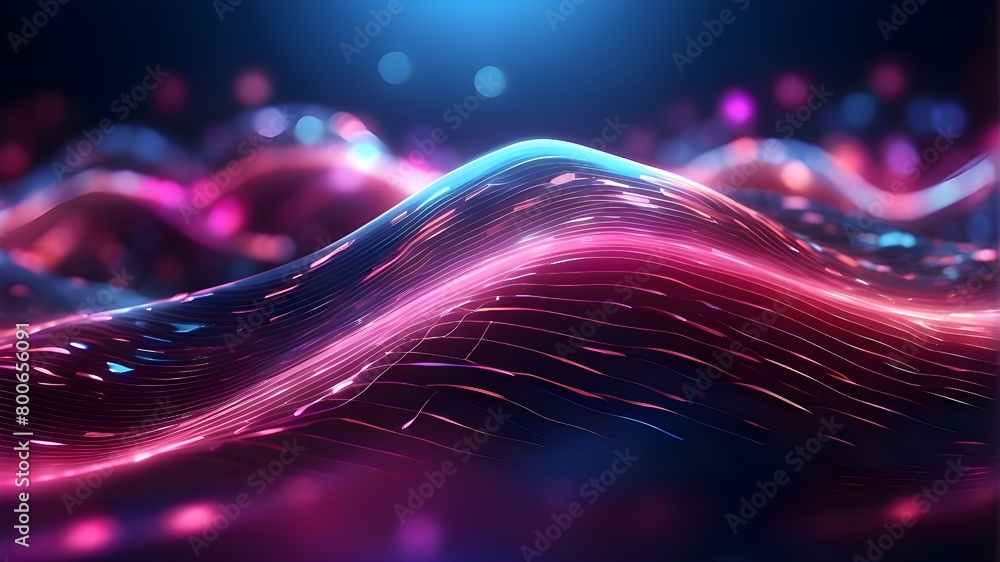 Aufkleber abstract futuristic background with bokeh lights and pink-blue luminous neon wave lines moving at a 
