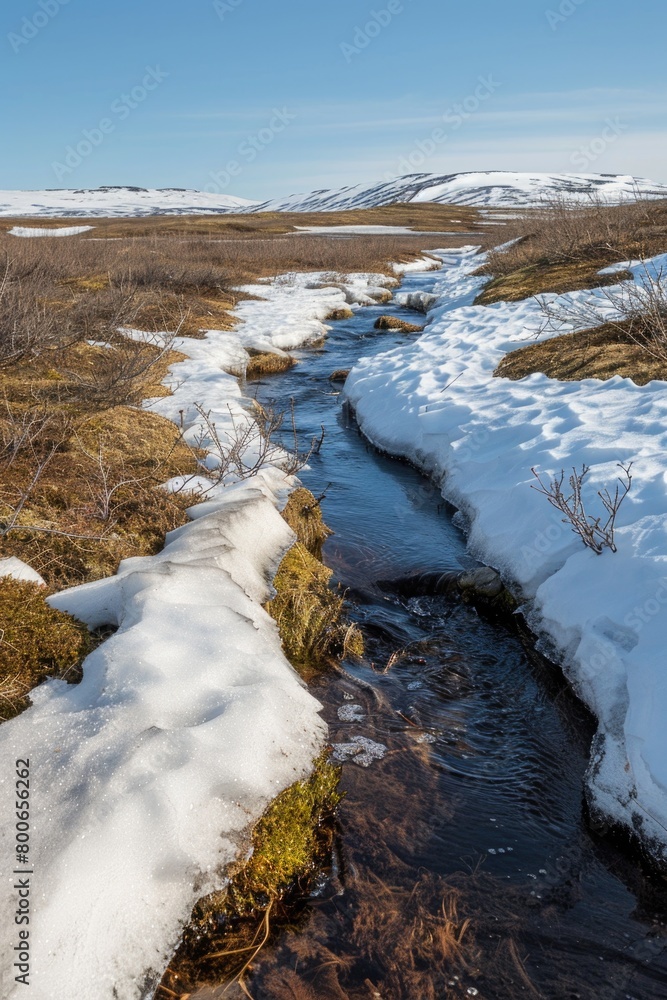 Aufkleber winter landscape with a stream running through a snow-covered field. suitable for nature and winter 