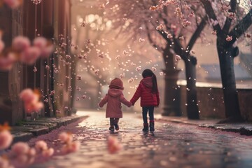 Two little girls holding hands walking down a street. Suitable for family and friendship concepts