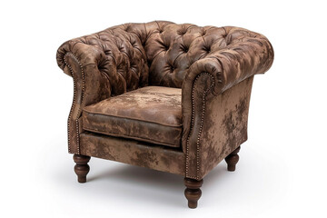 A club chair with a button-tufted backrest and rolled arms, showcasing classic elegance, isolated on a solid white background.