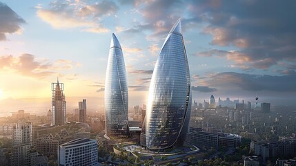 Baku skyline, Azerbaijan, modern developments along the Caspian Sea