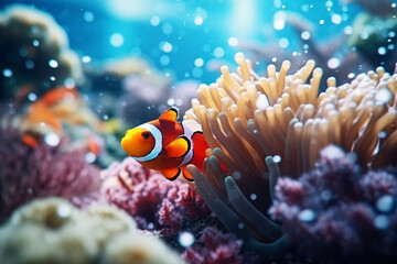 A vibrant underwater scene with colorful fish swimming among coral reefs and anemones, showcasing the beauty of marine life in the ocean and an aquarium setting