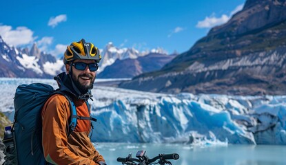 A biker man wearing helmet and backpack standing in front of the glaciar - Powered by Adobe