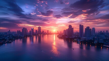 Bangkok skyline at sunset, Chao Phraya River reflections