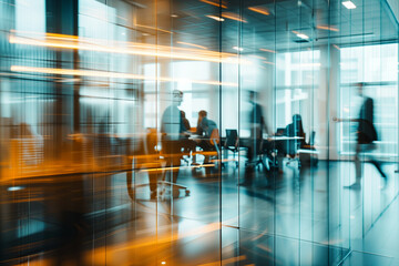 Corporate office, workplace. People moving in the blurry motion behind the glass. High quality photo