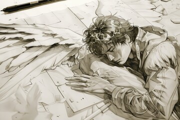 Detailed drawing of a man with wings on paper. Suitable for educational materials or fantasy-themed designs