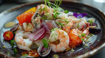 A plate of food with shrimp and vegetables, suitable for food blogs or restaurant menus