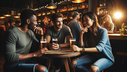 Group of multicultural friends sharing a laugh over pints of beer at a cozy pub.