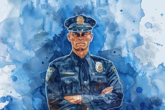 A realistic watercolor painting of a police officer with crossed arms. Suitable for law enforcement themed designs