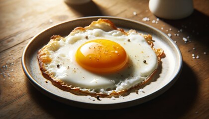Gourmet breakfast with a perfectly cooked sunny side up egg on a rustic plate, seasoned with pepper.