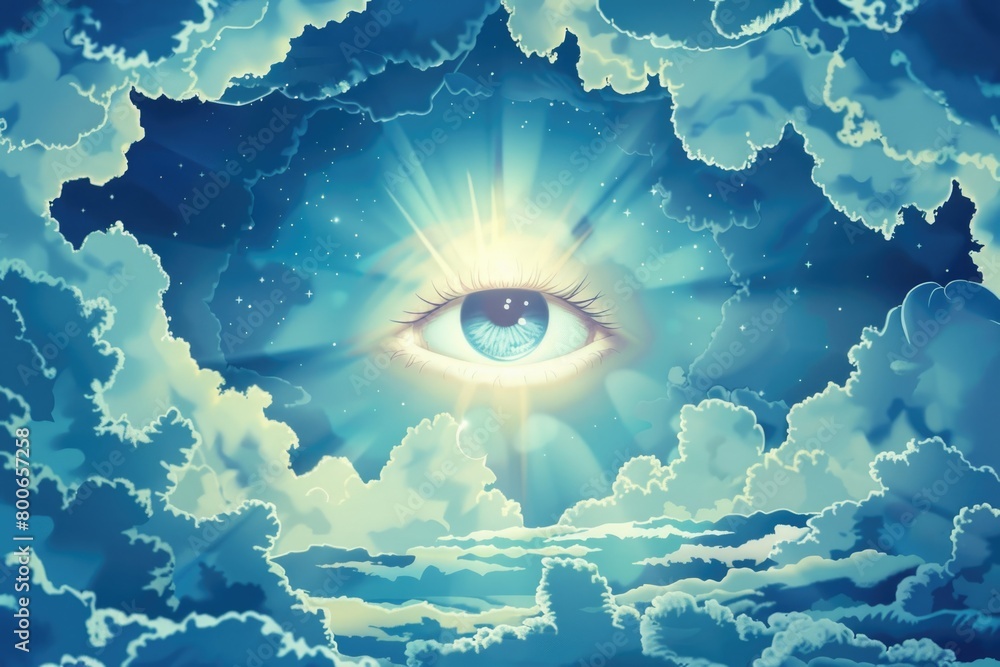 Poster A striking image of an eye in the clouds, perfect for illustrating concepts of vision and imagination
