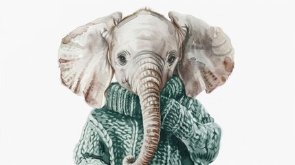 A painting of an elephant wearing a cozy sweater, perfect for animal lovers and art enthusiasts