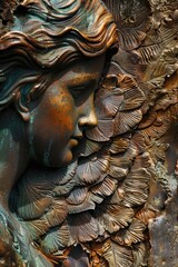 Detailed close up of a woman's face statue, suitable for various projects