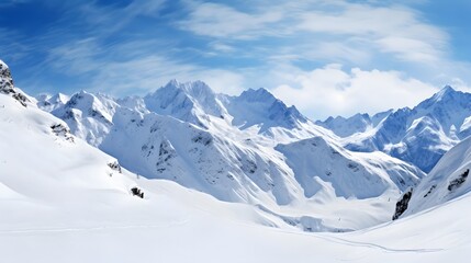 Panoramic view of snow covered mountains in the Swiss Alps.